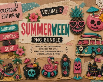 Summerween Scrapbook Clipart Vol. 2 PNG | Tropisches Halloween Scrapbook Papierschnitt Kunst | Gruselige Sommer Sublimations Designs | Strand Clip Art