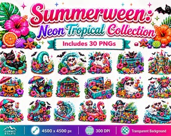 Summerween Neon Tropical Clipart Bundle, 30 Halloween Beach PNGs, Ghost Skeleton Bat Cat Pumpkin Spooky Summer Graphics