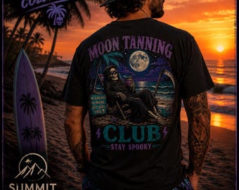 Moon Tanning Club PNG, Summerween Sublimation, Grim Reaper Beach Shirt PNG, Spooky Summer Tumbler Graphic, Retro Halloween Digital Download