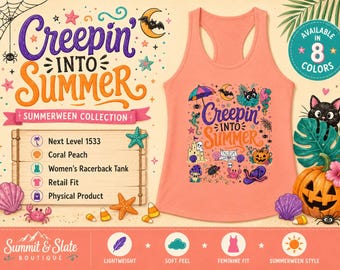 Creepin Into Summer Tank Top, Summerween Racerback Tank, Next Level 1533 Womens Spooky Beach Shirt, Cute Halloween Tank