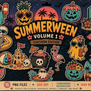 May include: A collection of cartoon stickers with a summer and Halloween theme. Includes images of ghosts, pumpkins, pineapples, and a skeleton, all wearing sunglasses. The text "Summerween Volume 1" is displayed.