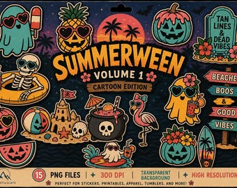 Summerween Clipart Bundle Vol 1 | Cute Halloween Summer PNG Bundle | Retro Tropical Spooky Clip Art | Ghost & Pumpkin Cartoon Graphics