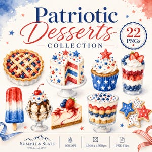 Peut inclure: Une collection numérique de 22 illustrations de desserts patriotiques comprenant une tarte, un gâteau à étages, un cupcake, un parfait, une glace à l'eau, une coupe glacée, une part de cheesecake, une verrine et des biscuits en forme d'étoile.