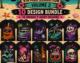Summerween Vintage Collection Vol 2 PNG Bundle, 10 Retro Halloween Summer T Shirt Designs, Sublimation DTF Download, Retro Beach Halloween
