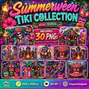 May include: A vibrant digital art collection titled "Summerween Tiki Collection" with neon tropical colors. The image features various tiki-themed illustrations, including tiki masks, a pirate ship, and a skeleton. The collection includes 30 PNGs.