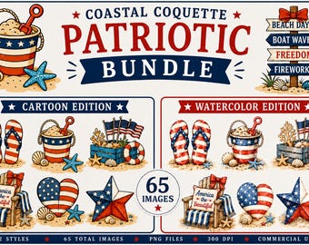 Coastal Coquette Patriotic Clipart Bundle, 4th of July Watercolor PNG, Beach Americana Sublimation Graphics