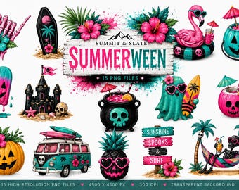 Summerween Clipart Bundle Vol. 2 | Tropical Halloween PNG Files | Spooky Summer Sublimation Graphics | Cute Beach Halloween Clip Art