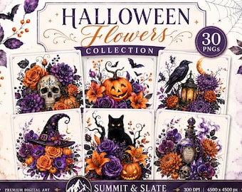 Halloween Flowers Clipart Bundle, 30 Watercolor PNG,Purple Orange Floral Clipart, Spooky Fall Floral, Skull Pumpkin Ghost Witchy Sublimation