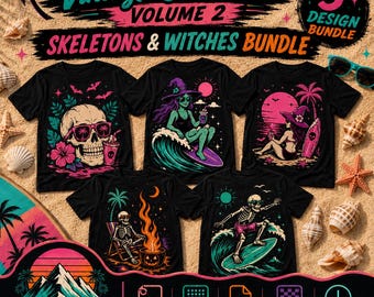 Summerween Skeletons and Witches Bundle Vol 2 PNG, 5 Vintage Halloween Beach Shirt Designs, Sublimation DTF Graphics