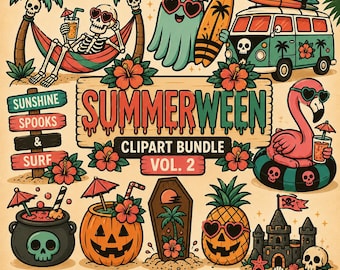 Summerween Clipart Bundle Vol 2 - Cartoon Edition | Tropical Halloween PNGs | Retro Cartoon Spooky Summer Sublimation Designs