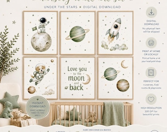 Green Space Nursery Wall Art Set, Watercolor Space Prints, Sage Green Nursery Decor, Baby Boy Nursery Art, Printable Space Theme