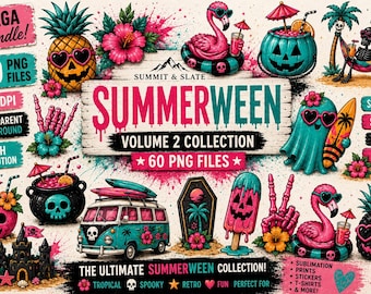 Summerween PNG Bundle Vol 2, Tropical Halloween Clipart, Spooky Summer Sublimation PNG, Retro Beach Halloween Graphics, 60 PNG Files