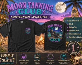 Moon Tanning Club Shirt, Summerween Graphic Tee, Grim Reaper Beach Shirt, Comfort Colors 1717 Unisex Halloween T-Shirt