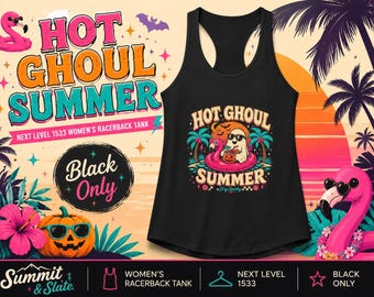 Hot Ghoul Summer Tank Top, Summerween Halloween Beach Shirt, Ghost Flamingo Womens Racerback Tank, Next Level 1533 Black Tank