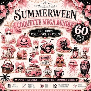 Może przedstawiać: Pakiet grafiki cyfrowej zatytułowany "Summerween Coquette Mega Bundle" z różowymi i czarnymi ilustracjami. Obraz zawiera różne grafiki o tematyce upiornej i letniej, takie jak czaszki, flaming i różowy van. Pakiet zawiera 60 plików PNG.