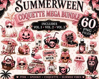 Summerween Coquette Mega Bundle PNG, 60 Pink Halloween Clipart Dateien, süße gruselige Strand Grafiken, Sublimationsdesigns