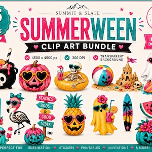 May include: A digital clip art bundle with a summer and Halloween theme. The image features various illustrations, including a skull cauldron, pumpkins with sunglasses, a skeleton in a float, a ghost surfing, and a watermelon. Text includes "SUMMERWEEN" and "CLIP ART BUNDLE".