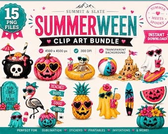 Summerween Clipart Bundle | 15 PNG Files | Spooky Summer Clip Art | Tropical Halloween Sublimation Designs | Cute Ghost PNG Bundle