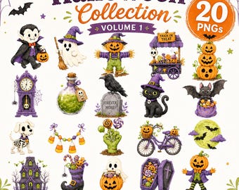 Halloween Watercolor Clipart Bundle, 20 PNG Halloween Graphics, Jack O Lantern Ghost Witch Pumpkin Clip Art, Spooky Digital Download