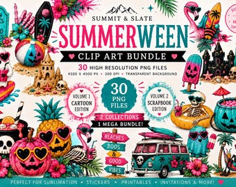 Summerween Clip Art Vol1 and Vol2 Bundle PNG, Tropical Halloween Clipart, Cute Ghost & Pumpkin Sublimation Designs, Beach Halloween Graphics
