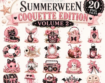 Summerween Coquette Volume 2 Clip Art Bundle PNG, Pink Halloween Beach Graphics, Cute Spooky Sublimation Designs