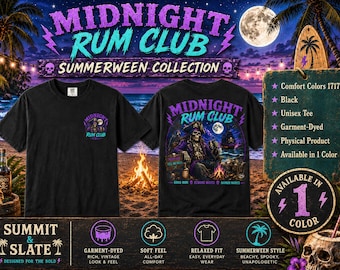 Midnight Rum Club Shirt, Summerween Graphic Tee, Pirate Skeleton Beach Shirt, Comfort Colors 1717 Unisex Halloween T-Shirt