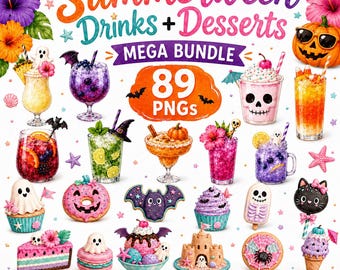 Summerween Clipart Mega Bundle, Halloween Getränke PNG, Pastell Dessert Clip Art, Süßer Geist Sublimation, Kawaii Spooky Leckereien