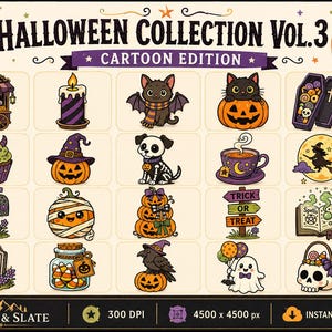 以下が含まれることがあります： ハロウィーンをテーマにした20種類の漫画イラストのデジタルコレクション。キャンディカート、キャンドル、コウモリ猫、カボチャ猫、棺桶、カップケーキ、魔女カボチャ、骸骨犬、ティーカップ、魔女、郵便受け、ミイラカボチャ、積み重なったカボチャ、看板、呪文の本、墓石、キャンディ瓶、カラス、幽霊、ドクロのバスケットが含まれています。