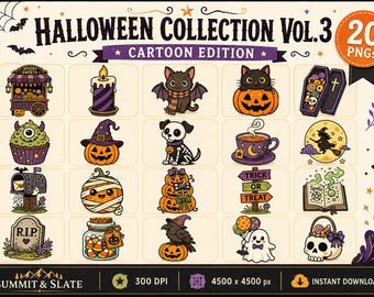 Halloween Cartoon Clipart Bundle Vol 3, 20 PNG Cute Spooky Sweets Pumpkin Ghost Witch Clip Art, Instant Digital Download
