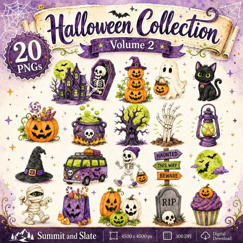 Halloween Watercolor Clipart Mega Bundle, 60 PNG Spooky Pumpkin Ghost ...