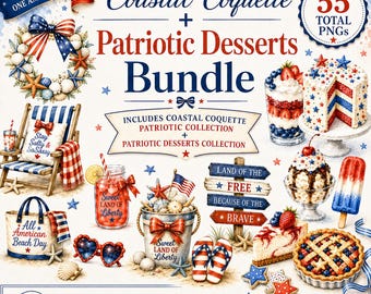 Patriottische kust coquette clipart bundel, 4 juli aquarel png's, patriottische dessert illustraties, rood wit blauw zomer graphics