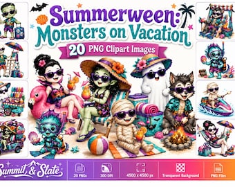 Summerween Monsters on Vacation Clipart Bundle, Cute Halloween Beach PNGs, Spooky Summer Monster Graphics, 20 Digital Downloads