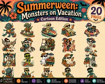 Summerween clipartbundel, Monsters on Vacation PNG, Cartoon Halloween Beach-illustraties, tropische spookachtige digitale download