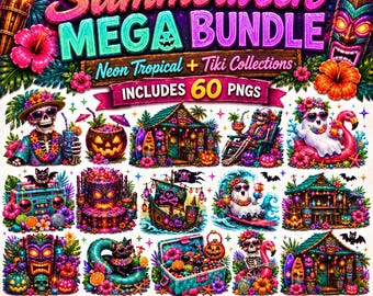 Summerween Mega Bundle, 60 Neon Tropical & Tiki Halloween PNGs, Spooky Summer Clipart, Ghost Skeleton Pumpkin Beach Graphics
