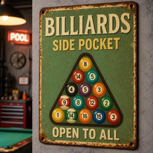 May include: A rectangular metal sign with a distressed, rusted border and a green background. The text reads BILLIARDS SIDE POCKET OPEN TO ALL. A triangular rack contains fifteen colorful numbered billiard balls arranged in a standard formation.