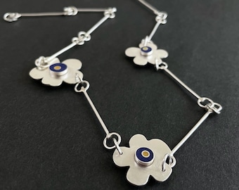 reversible FLOWER STATEMENT necklace: blue & yellow BLOSSOM chain in sterling silver and glass