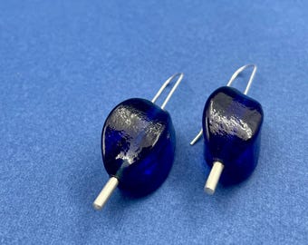 big BLUE glass earrings . bold BAUBLES modern french hooks . mid-century minimalist design . vintage beads
