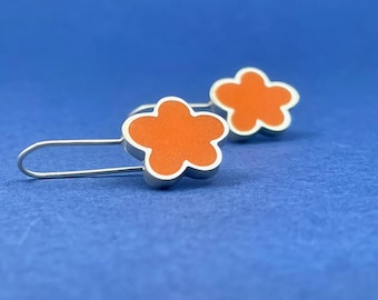 small orange FLOWER dangle earrings . sterling silver and ground glass