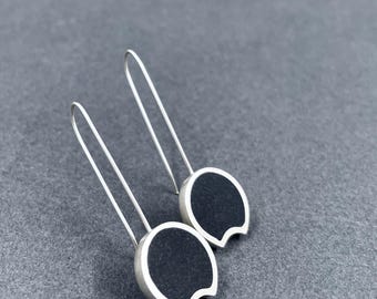 BLACK CRESCENT earrings . sterling silver and glass dangles . modern minimal graphic design