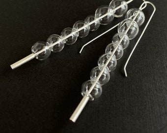 LONG tapered STACK glass bubble earrings .  seven clear glass beads on a French hook  . sterling silver & glass . Holiday party jewelry