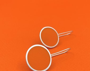 ORANGE circle earrings . sterling silver modern minimal dangles . colorful jewelry