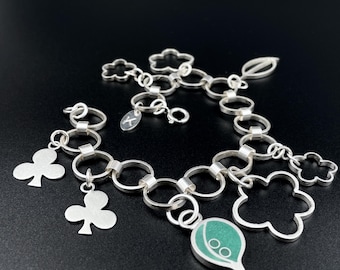 BOTANICAL chain:  8 inch sterling silver chain, big bold flower and leaf charm bracelet