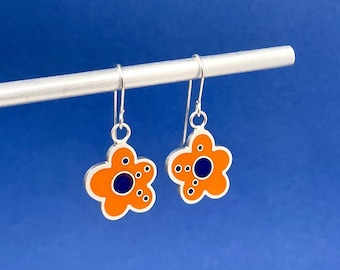 orange & blue FAB FLOWER dangle earrings . colorful modern jewelry - sterling silver and glass