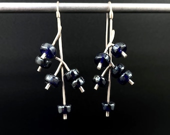 BERRY branch earrings . nature inspired . long BOLD blue botanical dangles . silver and glass