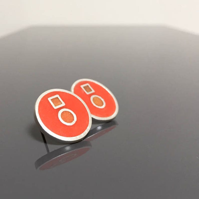 modern resin earrings contemporary stud circle square ORANGE oversized post earrings large geometric studs simple unisex earrings
