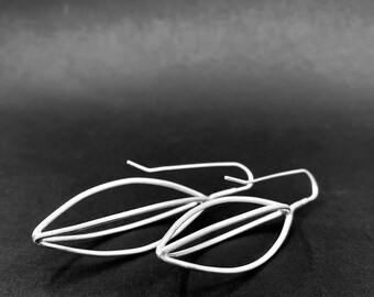 silver SEED POD earrings . modern minimal botanical jewelry . big flower skeleton dangles