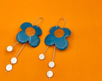 BRIGHT BLUE and ORANGE flower dangles . xl bright bold blossom earrings . colorful enamel earrings . kinetic jewelry swings when you walk