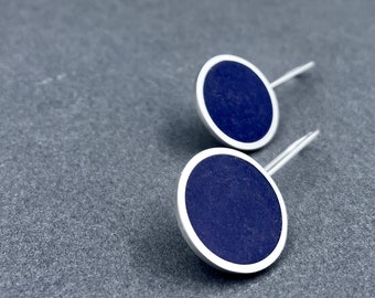large BLUE CLASSIC circle earrings .  modern minimal round colorful glass statement earrings .  bold navy blue french hooks . gift for her