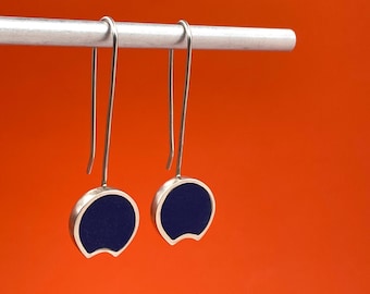 cobalt BLUE modern minimal CRESCENT DANGLE earrings . sterling silver and ground glass