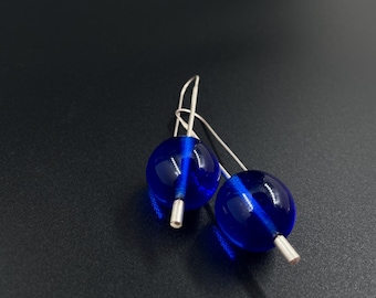 BOLD BLUE glass BEAD dangle earrings . happy jewelry . minimal design in sterling silver